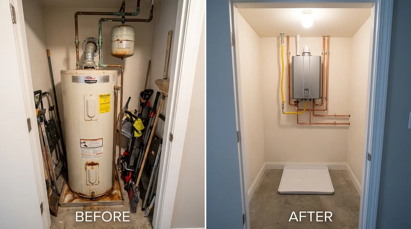 Tank water heater versus wall-mounted tankless unit comparison for Wayne, PA homeowners