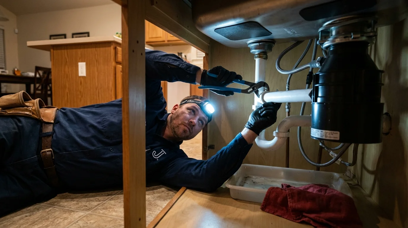 P-trap and supply line connections under a kitchen sink showing a common leak point in Wayne, PA